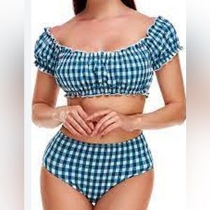 🆕 COCOFREE Women Teal Gingham Puff Sleeve Bandeau High Waist BIKINI Swimsuit